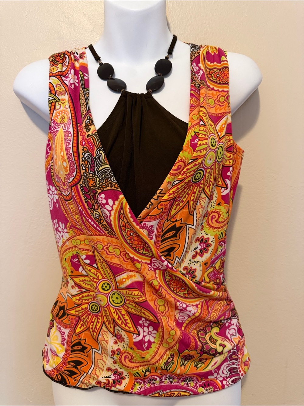 Iz Byer Pink and Orange Paisley Surplice Tank with Black Halter Insert